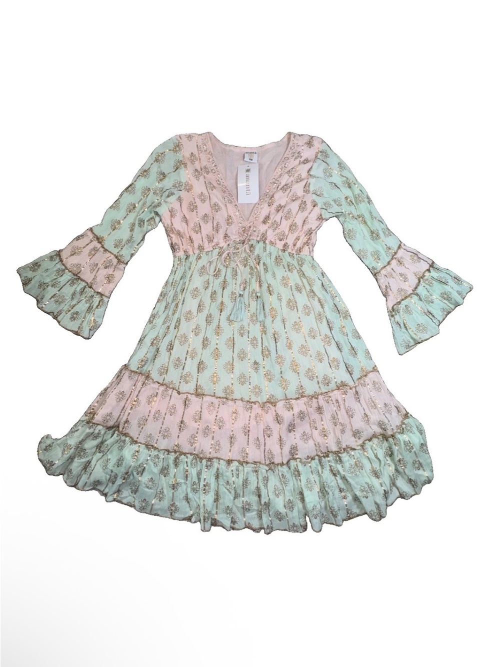 Ananta NWT Boho Mini Dress S/M Peach Mint Gold Metallic Print Bell Sleeve Rayon
